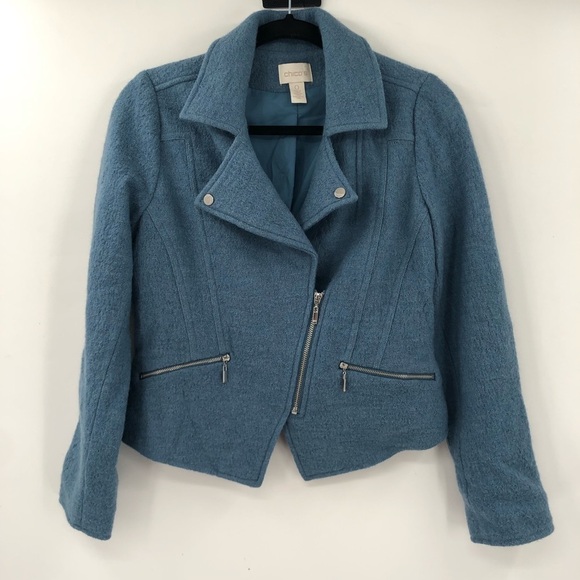 CHICO'S Boiled Wool Moto Jacket Zip Up Blue Grey S 4 6 Women Coat Zip Accents - Picture 3 of 11